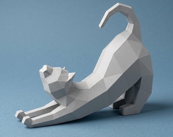 Escultura de papel de gato se espreguiçando, 3D, estilo "faça você mesmo" (PDF/SVG)