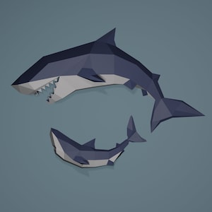 Low Poly Shark and Baby Model, Create Your Own 3D Papercraft Shark, Origami Shark, Great White Shark, Shark Lover, Cool Dorm Decor