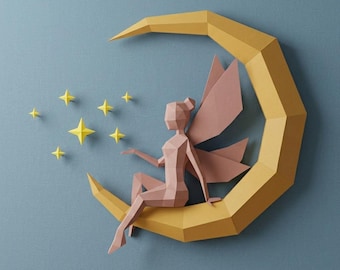Fairy on Moon Papercraft Sculpture, Low Poly Wall Decor (PDF Pattern)