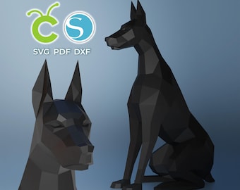 Doberman Papercraft, SVG, PDF, DXF Paper Craft, Dog Sitting, 3D Dog Sculpture, Low poly Pattern Doberman, Origami Animal, Cutting Machine