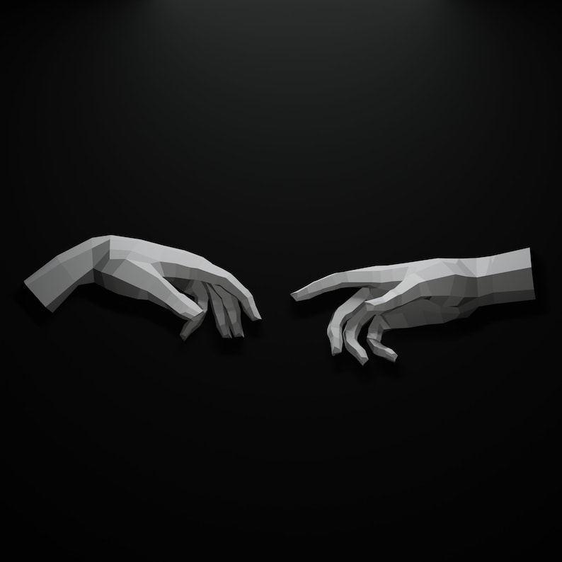 May include: Two gray, geometric hands, reminiscent of Michelangelo's 'The Creation of Adam,' are positioned against a black background. The hands are sculpted with angular facets, creating a modern, minimalist aesthetic. The fingers of each hand nearly touch.