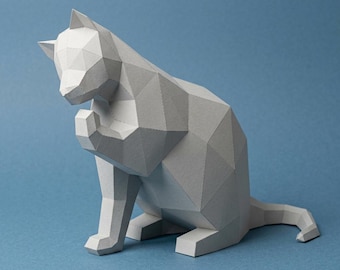 Scultura di gatto low poly, modello 3D in carta (PDF SVG DXF)