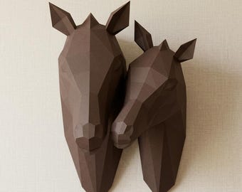 Horse Couple Papercraft Head: Low Poly 3D Paper Sculpture (PDF)