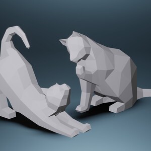 SALE!! Cat 2 Models Paper Craft, 3d Pdf SVG Template, Papercraft Animals,Low Poly DIY, Paper Statue,Trophy, Sculpture,Cat Stretching Model