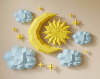 3D Moon Stars Sun Cloud Papercraft Sculpture, Polygonal Wall Decoration (PDF Pattern)