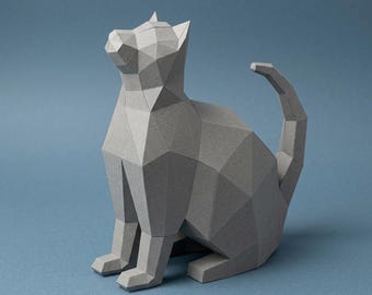 Scultura di gatto in carta 3D, low poly fai da te (PDF/SVG)