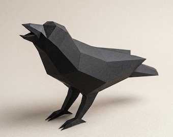 Plantilla de papel 3D de cuervo, ave de baja poligonalidad (descarga digital)
