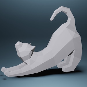 Cat Stretching Paper Craft, 3D PDF SVG Template, Papercraft Animals, Low Poly DIY, Paper Statue, Trophy, Sculpture, Cat Stretching Model