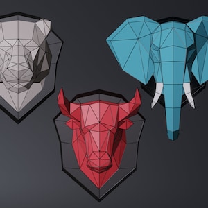 3 MODELS Papercraft Elephant, Bull, Tiger,  Svg, Pdf. Paper Craft Model, Elephant PDF template, 3D Paper Sculpture, Low poly Trophy