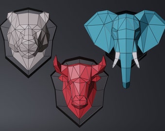 3 MODELS Papercraft Elephant, Bull, Tiger,  Svg, Pdf. Paper Craft Model, Elephant PDF template, 3D Paper Sculpture, Low poly Trophy
