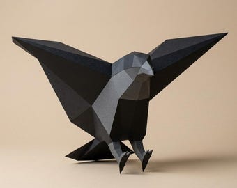 Modelo 3D de papel de cuervo, ave de baja poligonalidad (plantilla SVG y PDF)