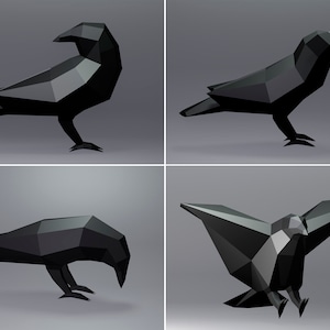 Raven(x4) Papercraft, Raven, SVG, PDF Template, Paper Statue, Crow 3D Low Poly Model, Digital Template, Download, Low Poly, Bird Papercraft