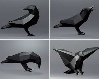 Plantilla de papercraft 3D de cuervo, escultura de ave de baja poligonalidad (PDF/SVG)