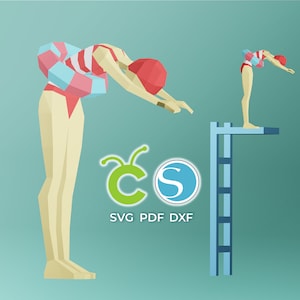 May include: A woman in a red and white swimsuit and a pink and blue life preserver is diving off a diving board. The diving board is blue and has a ladder. The background is a light blue colour.