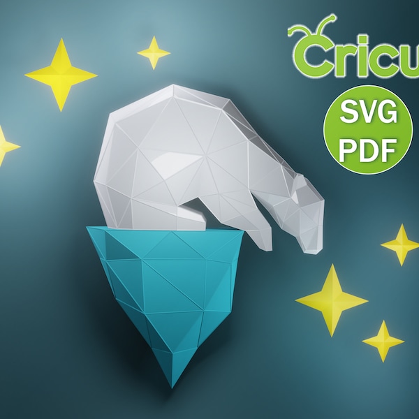 Modèle d'ours Papercraf : Attrape-étoiles sur un iceberg, Décoration d'intérieur bricolage, Ours polaire sur le glacier, PDF, SVG, DXF, Creative Paper Craft