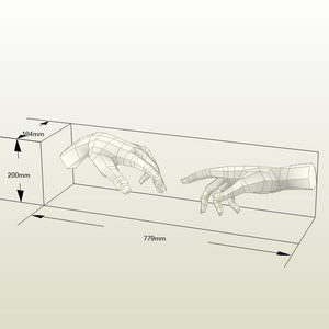 May include: A 3D model of two hands, with dimensions indicated. The model is 779mm long, 200mm high, and 194mm wide. The hands are positioned as if they are about to touch. The model is white and appears to be made of paper or a similar material.