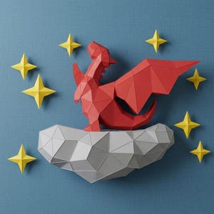 Puede incluir: Un dragón de papel rojo con formas geométricas se posa sobre una nube gris, rodeado de estrellas amarillas sobre un fondo azul. El dragón tiene alas extendidas, creando una escena caprichosa.