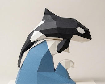 Orca Papercraft Template: 3D Low Poly Whale on Wave (PDF Pattern)