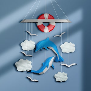 Papercraft Woodland Baby Mobile, SVG-PDF, Nursery Decor Dolphin Clouds Gull, 3D Papercraft template, Low poly, Hanging  Paper Sculpture