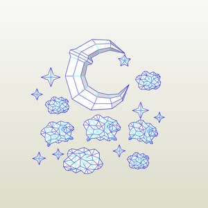 Puede incluir: Ilustraci&oacute;n digital de una luna creciente blanca, una estrella y nubes, todas con contornos azules. El dise&ntilde;o tiene una est&eacute;tica geom&eacute;trica de baja poli. Las estrellas y las nubes tambi&eacute;n son azules.