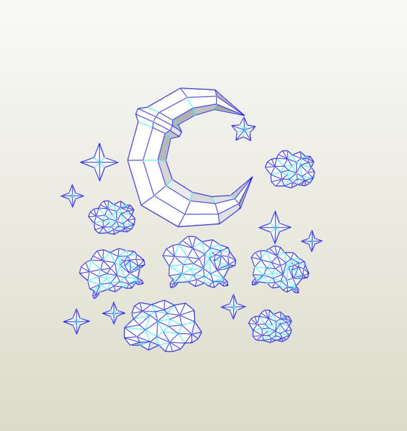 Puede incluir: Ilustraci&oacute;n digital de una luna creciente blanca, una estrella y nubes, todas con contornos azules. El dise&ntilde;o tiene una est&eacute;tica geom&eacute;trica de baja poli. Las estrellas y las nubes tambi&eacute;n son azules.