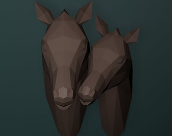 Horse Couple Papercraft Head / Low Poly / 3D papercraft / Animal Trophy / Paper Sculpture / DIY gift Home decor Origami animal PDF Kid craft