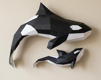 Paper Craft Orca Whale & Baby Template, DIY Polygonal Sculpture (PDF Pattern)
