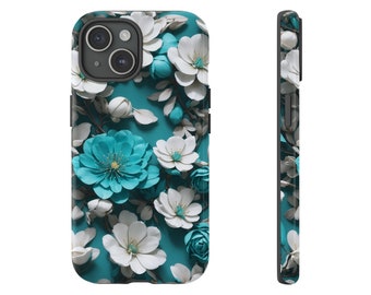 Turquoise and White 3D Flowers Floral Tough Case - iPhone 15, 14, 13, 12, 11, Google Pixel 6, 7, Samsung Galaxy 10, 20, 21, 22, 23