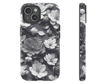 Black Gray and White 3D Flowers Floral Tough Case - iPhone 15, 14, 13, 12, 11, Google Pixel 6, 7, Samsung Galaxy 10, 20, 21, 22, 23