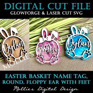 Osterkorb Namensschild SVG | Digitale Datei | Floppy Ohrhase | Runder Hase mit Füßen | Glowforge Laser Cut Datei | Jungen und Mädchen Versionen