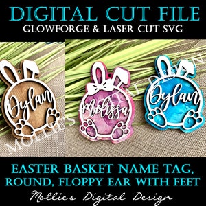 Easter Basket Name Tag SVG | Digital File | Floppy Ear Bunny | Round Bunny with feet | Glowforge Laser Cut File | Boy and Girl versions