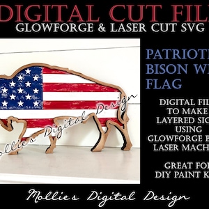 Glowforge SVG File | Patriotic Bison with Flag Décor | Digital Laser Cut File | American Buffalo | Layered Design | DIY Paint Kit