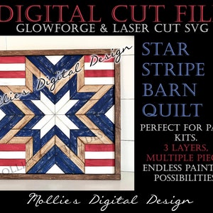 Archivo SVG de Glowforge, Signo de edredón de granero de rayas de estrellas, Archivo de corte láser digital, Americana, Diseño en capas, Kit de pintura