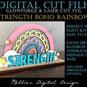 Glowforge SVG File / Strength Boho Rainbow / Digital Laser Cut File / Inspirational Message / Layered Design / Paint Kit / Personalizado