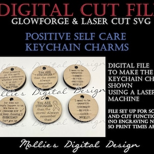 Glowforge SVG File | Positive Self Care Round Keychain Charms | Digital Laser Cut File | You Matter, Choose Joy, You Are Stronger, Be Myself