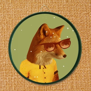 Bonnie Toronto Tin Can Art Recycled Can Lids Fox Pop Art Upcycled Green