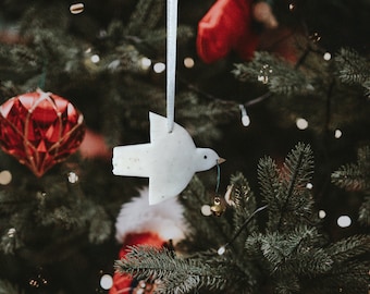 Snow Bird Christmas Tree Ornament Clay Carrying Tiny Gold Bell