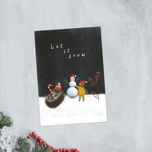 エルフとハリネズミのクリスマスカードパック 4 手描きイラスト雪だるま