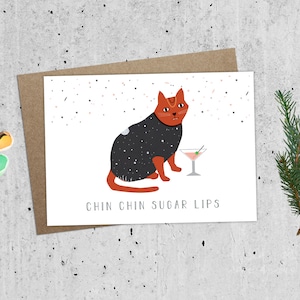 Chin Chin Cat Greeting Card Birthday Celebration Martini Whiskey