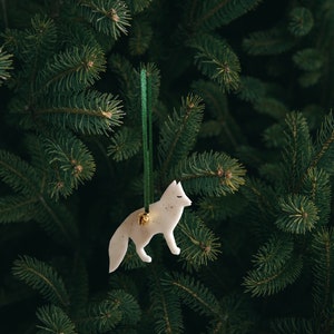 Snow Fox Christmas Tree Ornament Clay Gold Bell