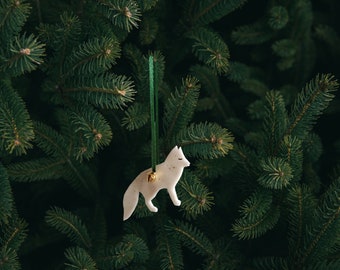 Décoration de sapin de Noël Snow Fox, cloche dorée en argile