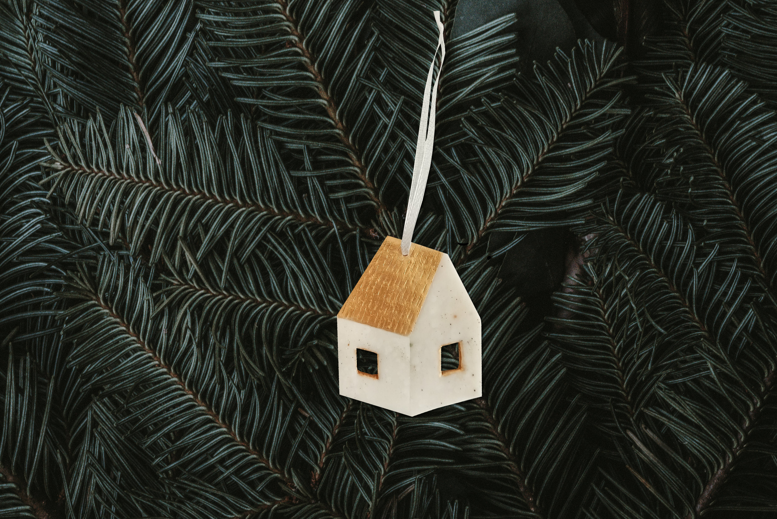 Alpine Snow Chalet Christmas Tree Ornament Clay Gold Roof Decoration