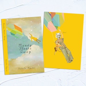 Puede incluir: Dos portadas de libros con fondo amarillo. La portada de la izquierda es para un libro titulado "Maudy Floats Away" de Natalie Byrne. La portada presenta una forma geométrica colorida flotando en un cielo azul. La portada de la derecha presenta un zorro con gafas y pijama sosteniendo un gato mientras vuela en un globo aerostático hecho de formas geométricas coloridas. El texto "Tim!" está escrito en la portada.