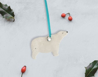 Polar Bear Christmas Tree Ornament Clay Decoration with Silver Bell