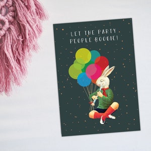 Party People Greeting Card Birthday Celebration Funny Rabbit Balloons Dancing Music