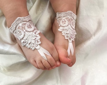 Sandalias descalzas para niña, zapatos para niños, bautizo de bebé, sandalias descalzas de encaje color marfil