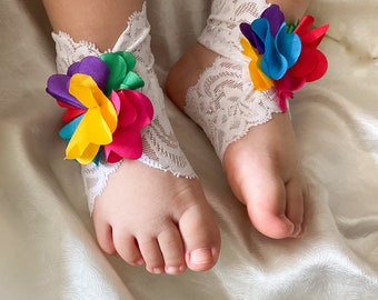 Sandalias descalzas para niña, zapatos para niños, bautizo de bebé, sandalias descalzas de encaje marfil con flores de colores