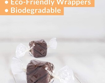 thumbnail interactive-video image 1 of 1000 Clear Cellophane Caramel Wrappers – 5x5 Inches, USA Made, Unbranded 1 of 2