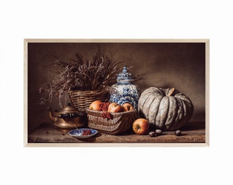 Frame TV Art Boerderij Stilleven Blue Squash & Appels, Samsung Frame TV Art Chinoiserie, Chinoiserie TV Art, * 2 bestanden met verschillende tonen *
