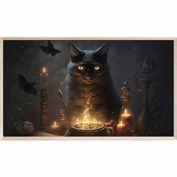 Samsung Frame TV Art Magical Black Cat, 4k Frame TV Art Halloween, 4k TV Frame Art Halloween, Halloween Black Cat, Magical Black Cat